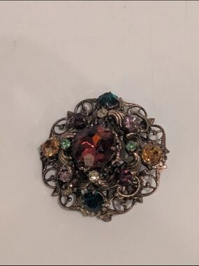 Vintage Amber & Multicolor Stone Brooch, USSR/Czechoslovakia Style
